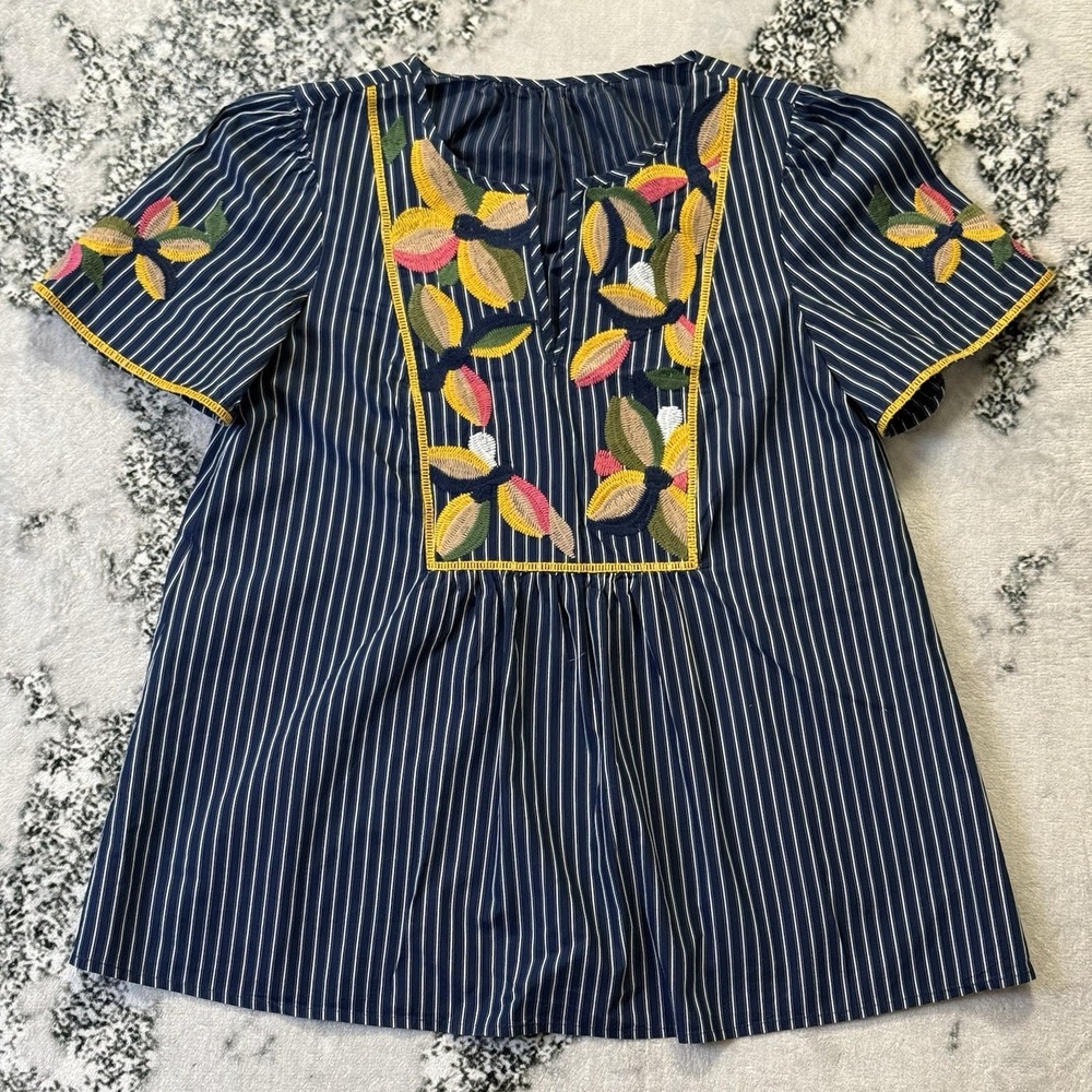 J Crew Top Womens Size XS Blue Multi Floral Embroidered Fable 100% Cotton Blouse